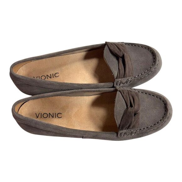 Vionic Womens Suede Moccasin Flats 7.5 Gray Slip-On Comfort Shoes Bow Accent - Picture 4 of 13